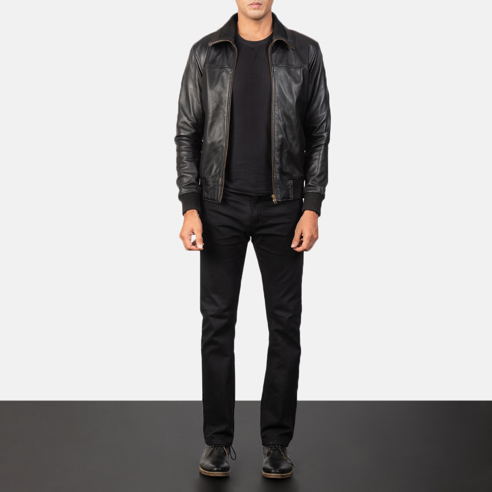 Mens leather bomber outlet jacket with fleece collar